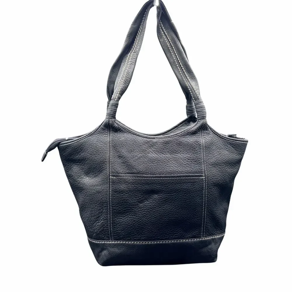 Luxy Black Leather Tote Bag Contrast Stitch Shoulder Handbag